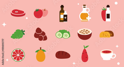 Assorted food and drink icons on a pink background with stars.
