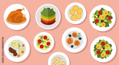 Assorted healthy food dishes on white plates against a pastel pink background.