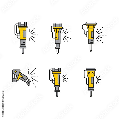 Various Dynamic Jackhammer Illustrations Powerful Construction Demolition Tools Set