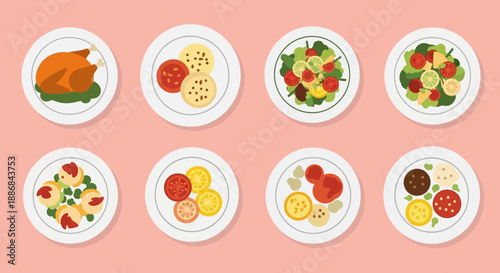 Assorted plates of food with various dishes and ingredients.