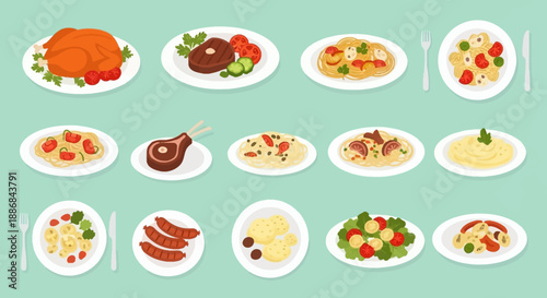 Assorted Delicious Food Dishes on Plates.