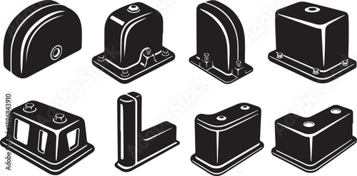 Various black and white metal clamp illustrations isolated