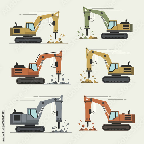 Vibrant Set Of Flat Design Excavator Breakers Performing Demolition And Construction Tasks On Site