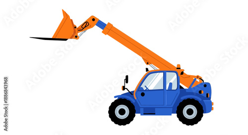 Versatile Blue Telehandler With Orange Lifting Arm And Scoop For Construction Work