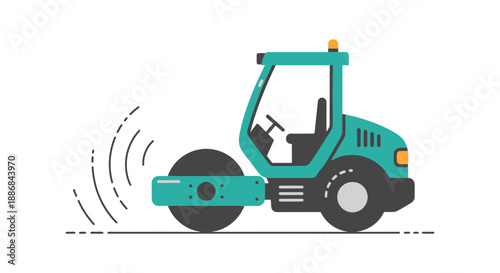 Vibrant Teal Road Roller Compacting Ground On Construction Site Infrastructure Development