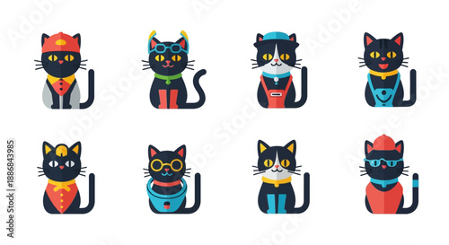 Eight cartoon cats in various superhero costumes and accessories.