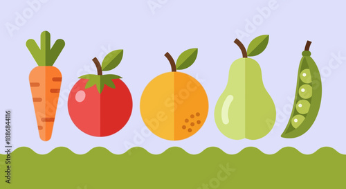 Colorful cartoon fruits and vegetables arranged on a green wavy background.