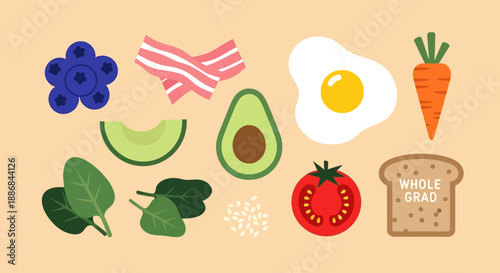 Assorted healthy food items including fruits and whole grain bread.