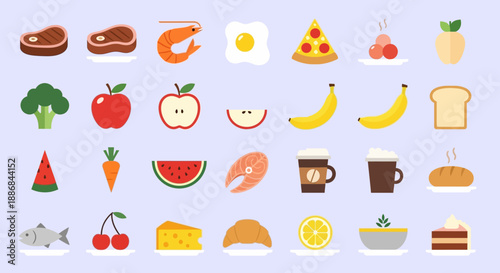 Assorted food icons in a grid pattern on a light background.