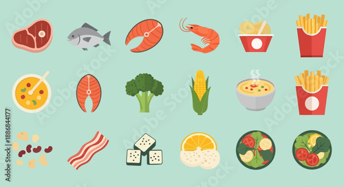 Assorted Food Items Including Meat, Seafood, Vegetables, and Prepared Meals.