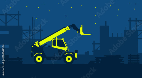 Vibrant Yellow Telehandler Illuminated At Night On Modern Urban Construction Site
