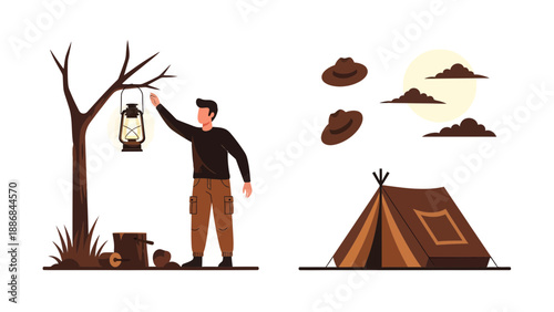 Vintage Camping Adventure Under The Starry Sky With Tent And Lantern