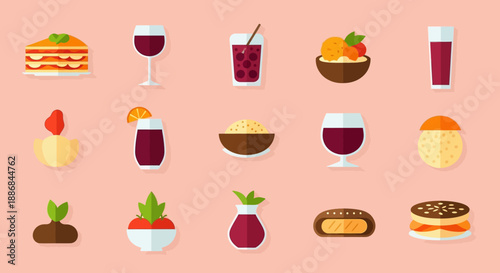 Assorted desserts and red wine illustrations on a pastel background.