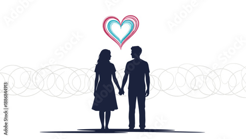 Romantic silhouette of a couple holding hands beneath a colorful heart symbol made of scribbled lines against a simple horizon background.