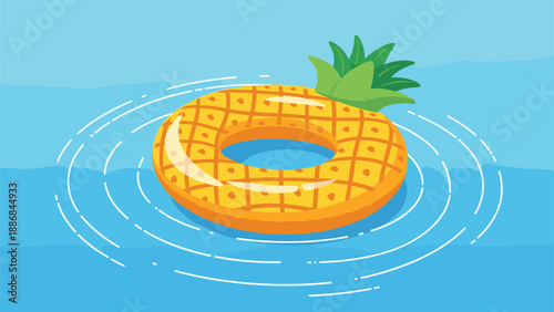 Bright yellow pineapple shaped inflatable pool float drifting on clear blue rippling water under the summer sun in a fun holiday scene.