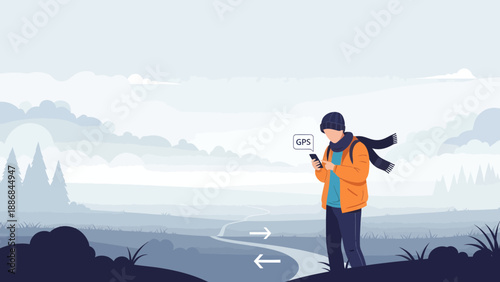 Wanderer Checking Gps Navigation On Mobile Phone In A Scenic Outdoor Landscape