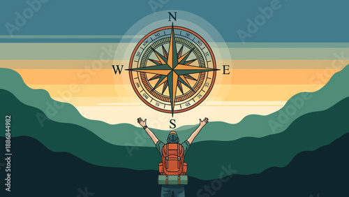 Wanderer Gazing At Compass In A Minimalist Green Mountain Landscape Illustration
