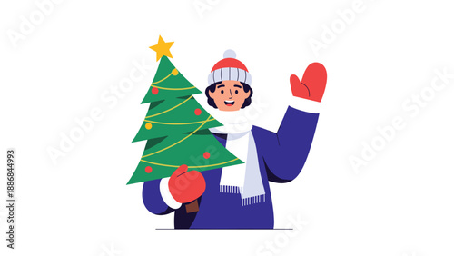 Cheerful person wearing a warm winter hat and mittens holding a decorated Christmas tree and waving in a festive holiday illustration.