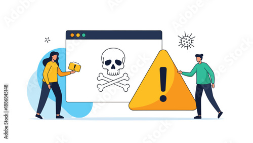 Two people stand near a large computer window displaying a skull and crossbones to represent a cybersecurity warning or virus.