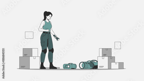 Warehouse Inspection By Woman With Flashlight After Relocation Or Inventory Auditing