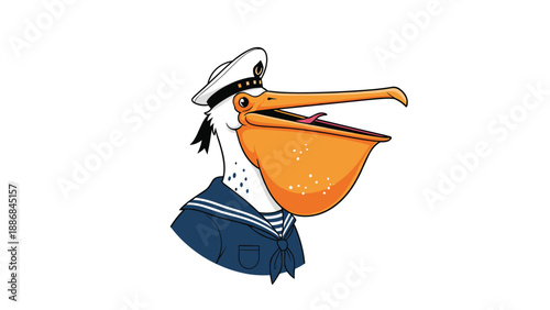 Pelican character dressed as a sailor in a navy blue uniform and hat stands with its large orange beak open and tongue out.