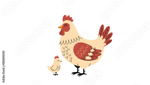 Mother hen and her small yellow chick are shown in a sweet and nurturing illustration on a clean white background.