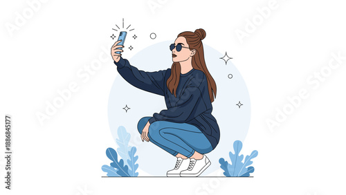 Stylish young woman in sunglasses and a blue sweatshirt takes a selfie while squatting amongst blue tropical leaves.