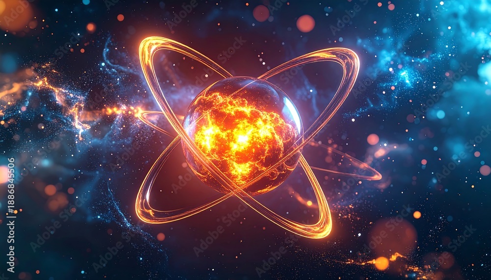 Fototapeta premium Vibrant orange atomic structure with glowing rings and particles in space