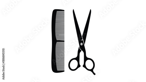 Black silhouettes of a long hair comb and a pair of professional scissors are displayed side-by-side on a white background.