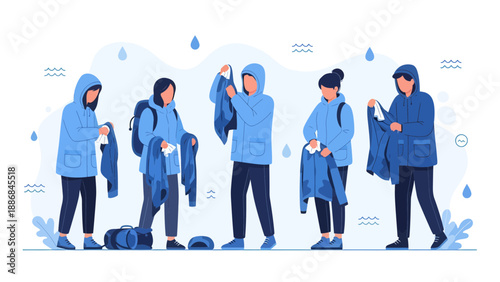 Wet Weather Travelers With Raincoats Wiping Themselves Dry Vector Illustration