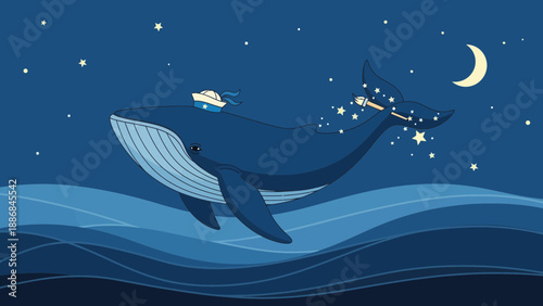 Whale In Ocean Painting Stars At Night With Sailor Hat On His Head