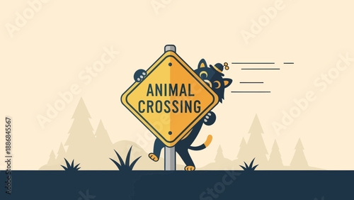 Whimsical Animal Crossing Illustration Featuring Playful Cartoon Cat Character And Sign