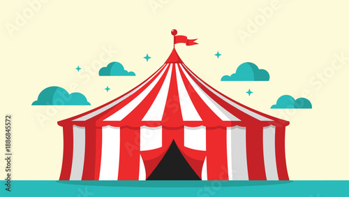 Large circus tent with classic red and white stripes stands under a light yellow sky with small stars and clouds.