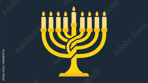 Golden nine branched hanukkah menorah with lit candles on dark blue background representing the jewish festival of lights.