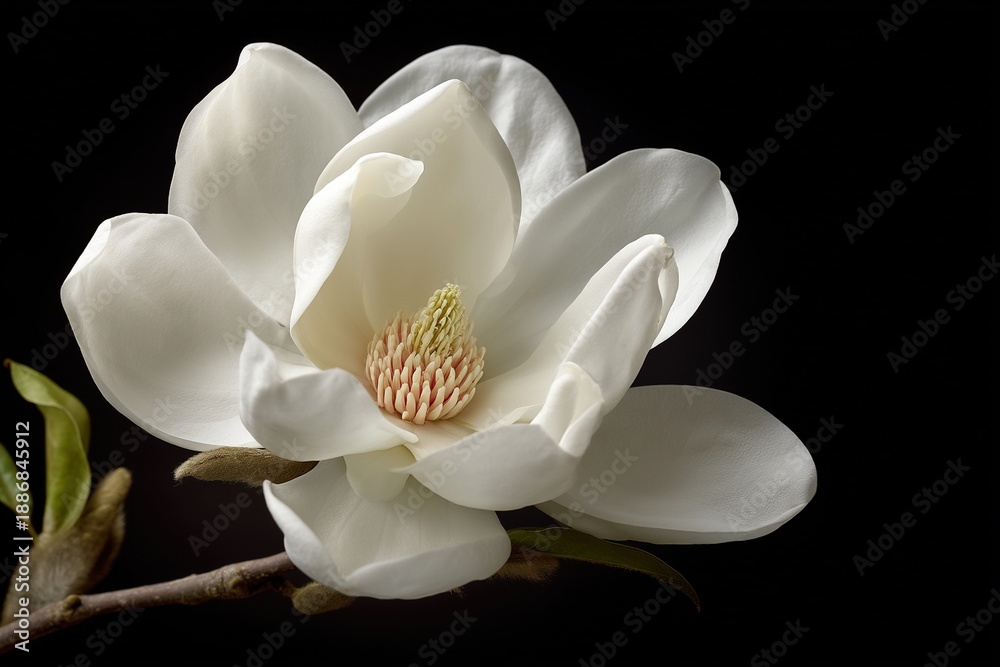 Fototapeta premium Elegant white magnolia blossom with soft petals on black background