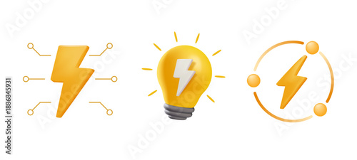 Energy 3D icons showcasing battery charging, renewable electricity, solar power, smart grid, eco battery, digital lightning, home energy efficiency. 3D vector illustrations of eco renewable energy