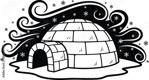 Stylized black and white igloo illustration with swirling wind and snowflakes, representing Arctic shelter, winter weather, and cold climate in minimalist design.