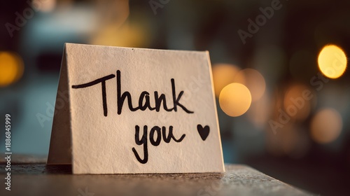 Thank you message on small paper card with warm bokeh lights gratitude concept.