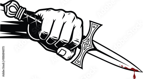 Black and white illustration of clenched hand gripping ornate dagger with blood drops, symbolizing conflict, power, and aggression in bold vector design.