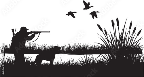 Silhouette of a hunter aiming at flying ducks in a grassy marshland with reeds also transparent background