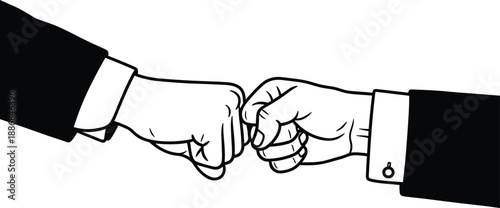 Black and white illustration of two suited hands performing a fist bump, symbolizing professional camaraderie, agreement, and mutual respect in vector style.