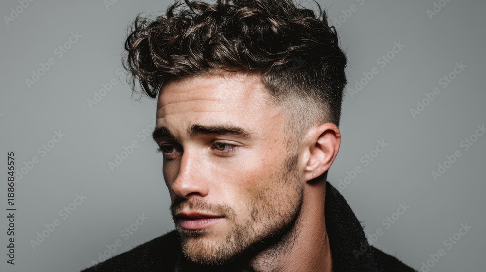 Fototapeta premium Young caucasian male with stylish curly haircut facing right.