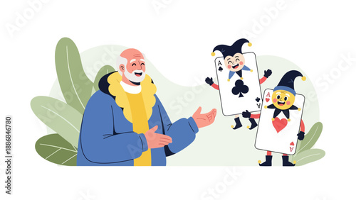 Whimsical Card Game Illustration Featuring Senior Man And Animated Playing Cards