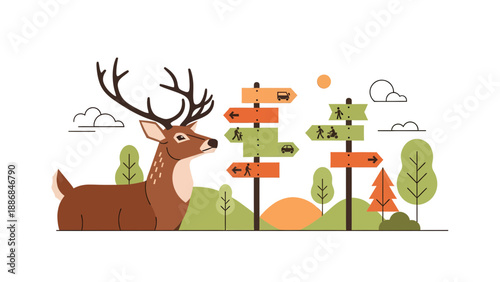 Whimsical Deer At Crossroads Directional Signage Nature Illustration Isolated On White