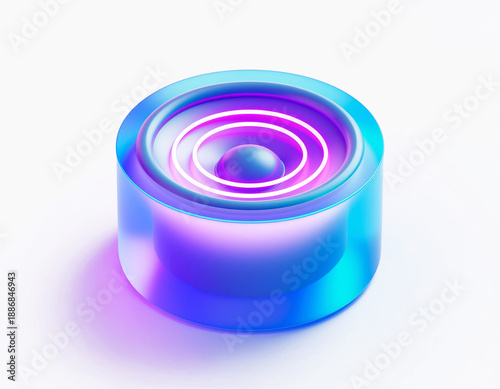 Wallpaper Mural Isometric matte‑glass 3D music speaker with a translucent blue‑purple body and glowing pink‑purple rings, creating a futuristic audio device design on a light background. Torontodigital.ca