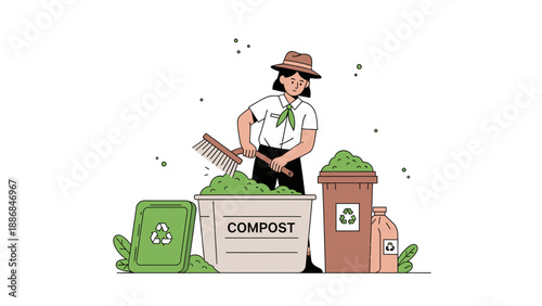 Woman Composting Organic Waste In Bins For Environmental Sustainability Initiative