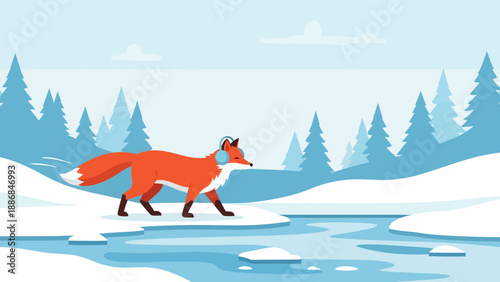 Whimsical Winter Walk A Fox With Earmuffs Strolling Through A Snowy Landscape