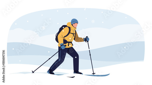 Winter Adventure Exploring Snow Scene On Skis In Snowy Landscape Outdoors