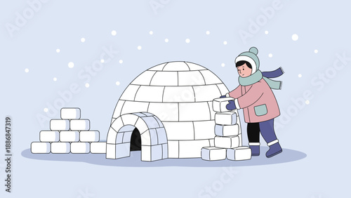 Winter Adventure Kid Builds An Igloo In The Snow Outdoor Scene
