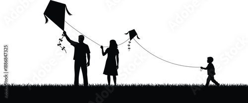 Happy family flying kites together outdoors, parent and child silhouette vector illustration, joyful leisure activity, summer sky, freedom, unity, love, happiness, and fun